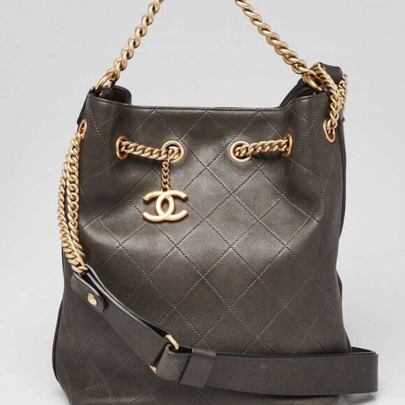 Chanel Grey Quilted Leather On My Shoulder Small Drawstring Bag - Picture 1 of 9